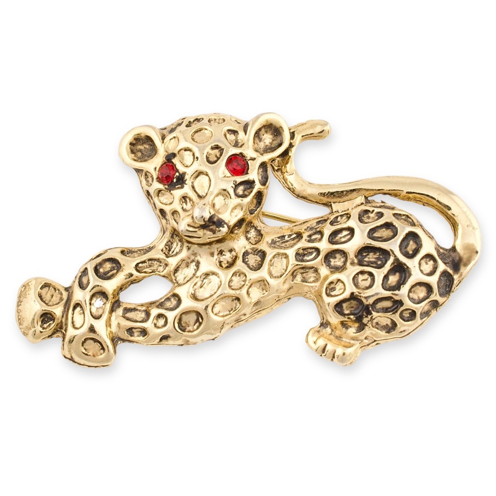 Vintage Leopard Brooch Pin Gold Tone with Red Rhinestone Eyes